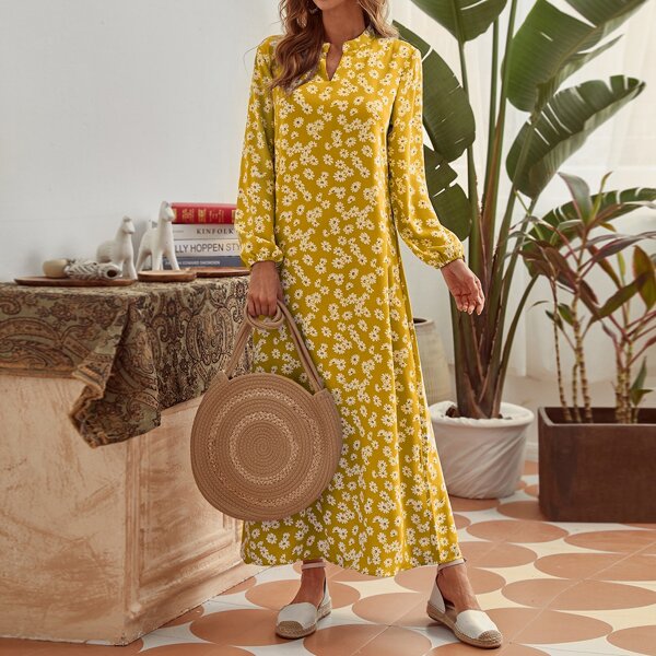 

Notched Neck Floral Print Tunic Dress, Yellow