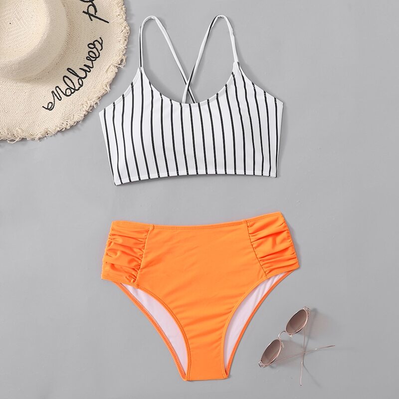 

Striped Ruched Bikini Swimsuit, Multicolor