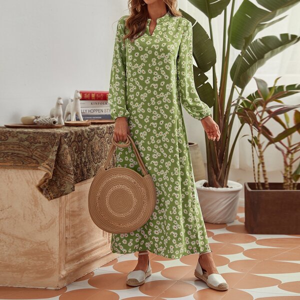 

Notched Neck Floral Print Tunic Dress, Lime green
