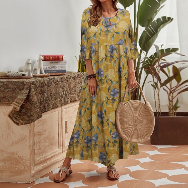 

Keyhole Neckline Floral Print Smock Dress, Multicolor