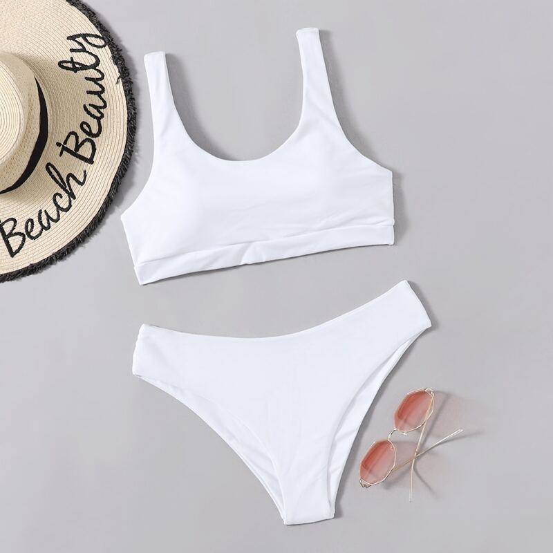 

Solid Scoop Neck Bikini Swimsuit, White