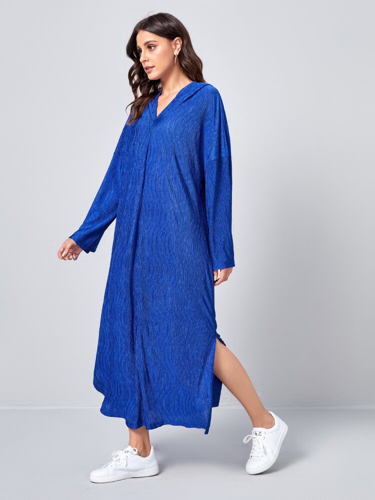 SHEIN 落肩開衩下擺連帽連衣裙 - 寶藍色 - 查看 4