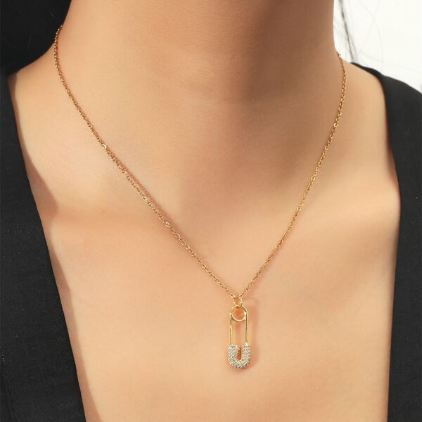 

18K Gold Plated Zircon Safety Pin Charm Necklace