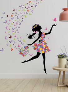 Girl & Butterfly Print Wall Sticker, Stickers, Wall Decal, Vinyl Decal For Home Decorations, Spring Decoration Items Refresh Your Home, Rama Decoration Stickers - Multicolor - View 1