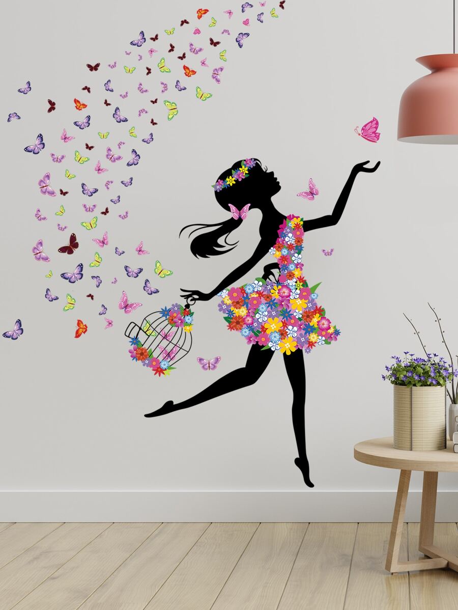 Girl & Butterfly Print Wall Sticker, Stickers, Wall Decal, Vinyl Decal For Home Decorations, Spring Decoration Items Refresh Your Home, Rama Decoration Stickers - Multicolor - View 1