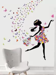 Girl & Butterfly Print Wall Sticker, Stickers, Wall Decal, Vinyl Decal For Home Decorations, Spring Decoration Items Refresh Your Home, Rama Decoration Stickers - Multicolor - View 3