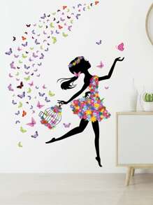 Girl & Butterfly Print Wall Sticker, Stickers, Wall Decal, Vinyl Decal For Home Decorations, Spring Decoration Items Refresh Your Home, Rama Decoration Stickers - Multicolor - View 4