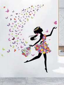 Girl & Butterfly Print Wall Sticker, Stickers, Wall Decal, Vinyl Decal For Home Decorations, Spring Decoration Items Refresh Your Home, Rama Decoration Stickers - Multicolor - View 5