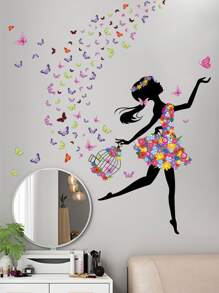 Girl & Butterfly Print Wall Sticker, Stickers, Wall Decal, Vinyl Decal For Home Decorations, Spring Decoration Items Refresh Your Home, Rama Decoration Stickers - Multicolor - View 6