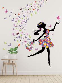 Girl & Butterfly Print Wall Sticker, Stickers, Wall Decal, Vinyl Decal For Home Decorations, Spring Decoration Items Refresh Your Home, Rama Decoration Stickers - Multicolor - View 7
