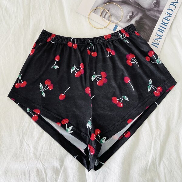 

Allover Cherry Print Sleep Shorts, Black
