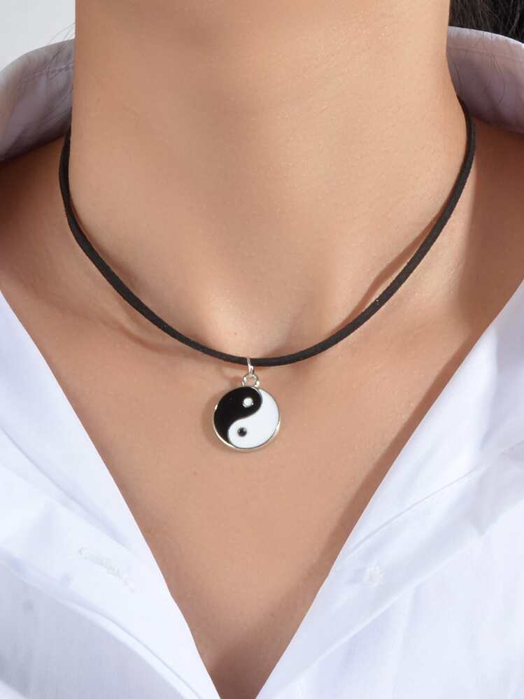 Yin & Yang Charm Necklace - Black - View 1