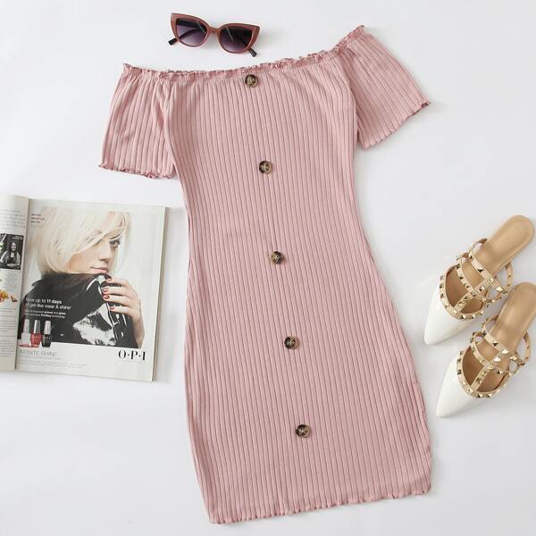 

Plus Off Shoulder Lettuce Trim Buttoned Dress, Dusty pink