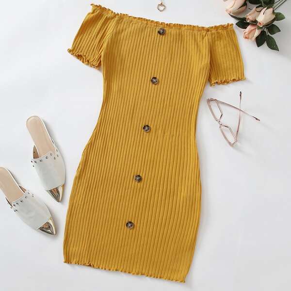 

Plus Off Shoulder Lettuce Trim Buttoned Dress, Mustard yellow