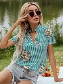 Blusa de rayas fruta de cuello V - Verde - Ver 1