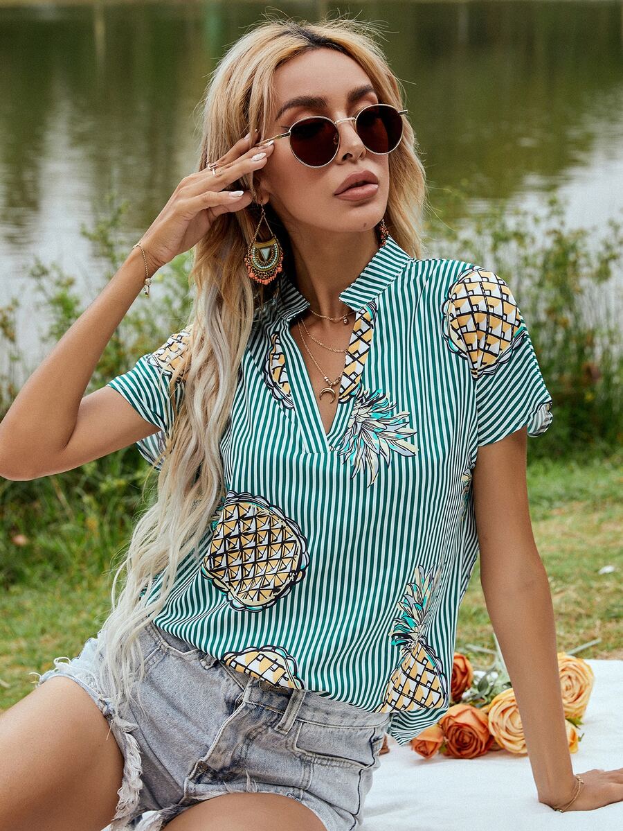 Blusa de rayas fruta de cuello V - Verde - Ver 1