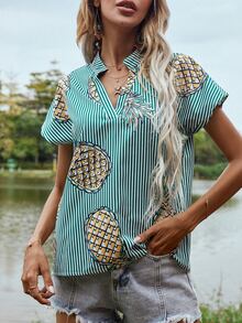 Blusa de rayas fruta de cuello V - Verde - Ver 4