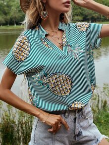 Blusa de rayas fruta de cuello V - Verde - Ver 5