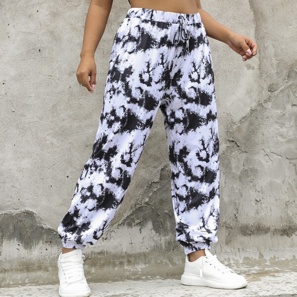 

Plus Knot Front Tie Dye Sweatpants, Black and white