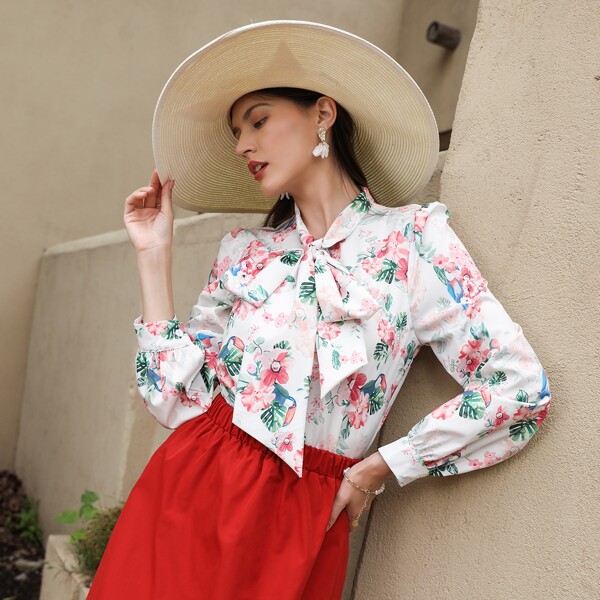 

Floral Print Tie Neck Blouse, White