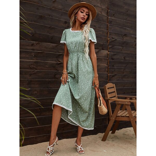 

Polka Dot Contrast Trim Dress, Mint green