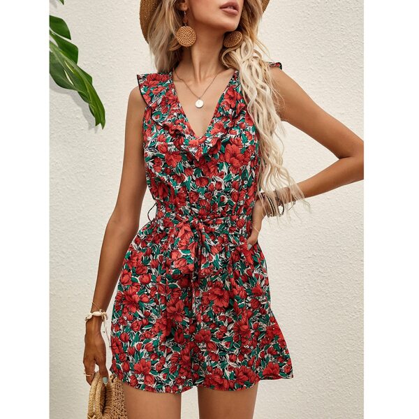 

Allover Floral Ruffle Trim Belted Romper, Multicolor