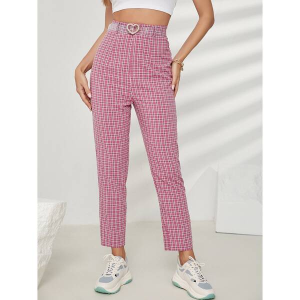 

Plaid Belted Tapered Pants, Pink