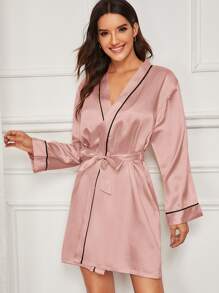 Contrast Binding Satin Robe With Belt - Dusty Pink - View 1
