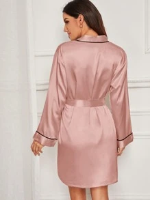 Contrast Binding Satin Robe With Belt - Dusty Pink - View 2