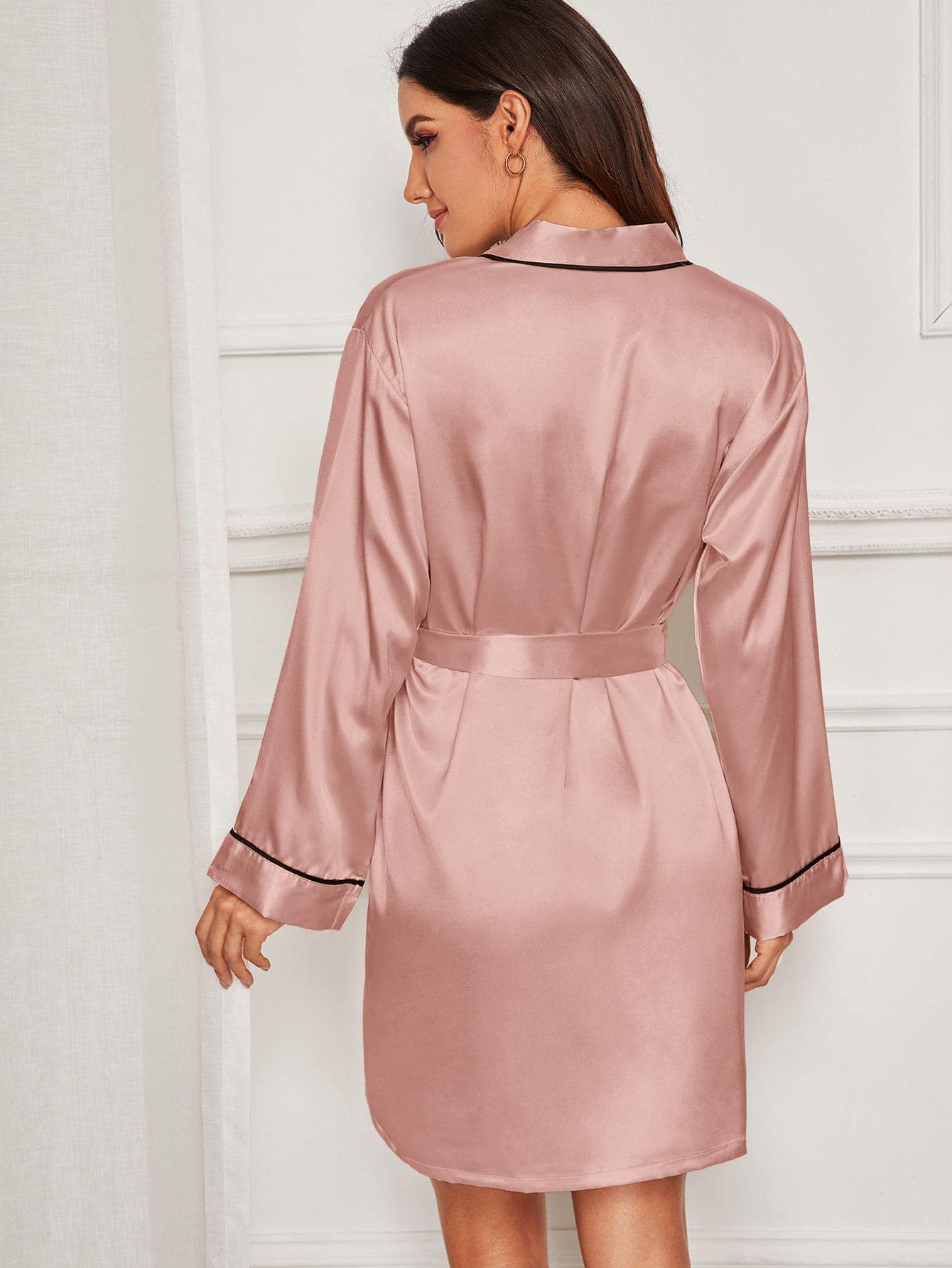 Contrast Binding Satin Robe With Belt - Dusty Pink - View 2