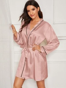 Contrast Binding Satin Robe With Belt - Dusty Pink - View 3