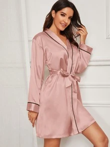 Contrast Binding Satin Robe With Belt - Dusty Pink - View 4