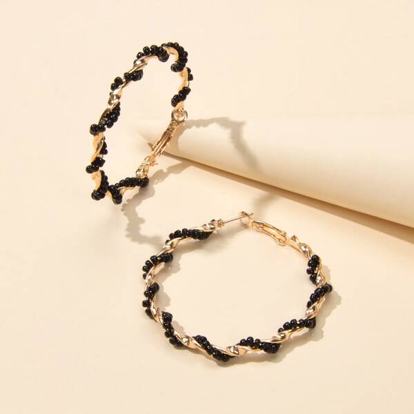 

Beaded Twist Hoop Earrings, Black