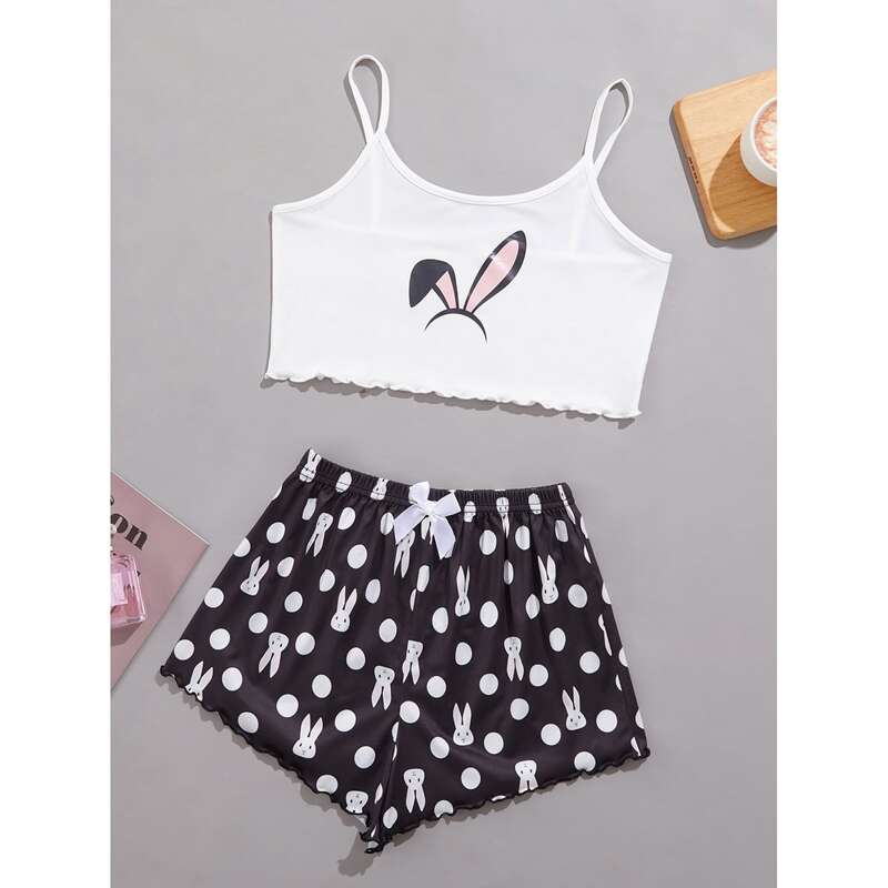

Rabbit And Polka Dot Bow Front Pajama Set, Black and white