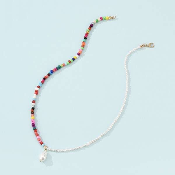 

Faux Pearl Charm Beaded Necklace, Multicolor