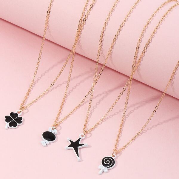 

4pcs Girls Star & Lollipop Charm Necklace, Black