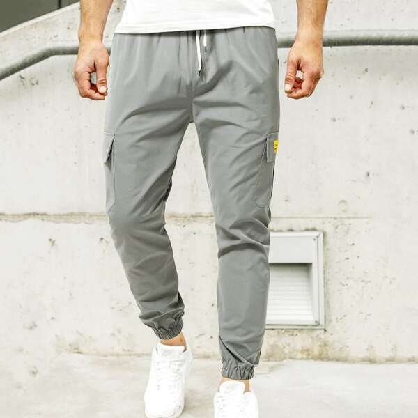 

Men Flap Pocket Drawstring Waist Cargo Pants, Light grey
