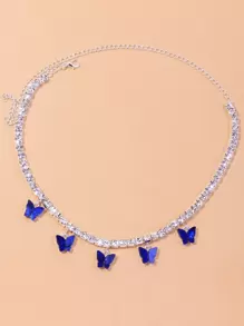Collar con diamante de imitación con mariposa - Plateado - Ver 1