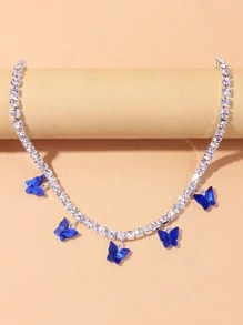 Collar con diamante de imitación con mariposa - Plateado - Ver 2