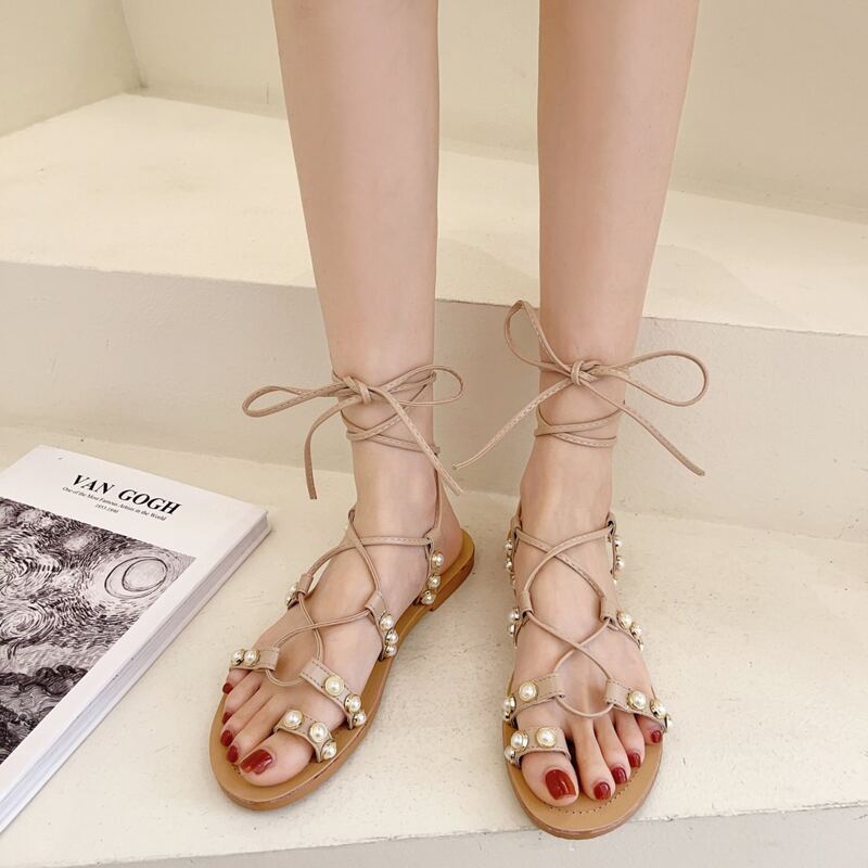 

Faux Pearl Tie Leg Sandals, Apricot