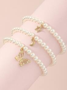 3pcs/Set Girls Moon Butterfly Star Pearl Bracelet - Yellow Gold - View 1