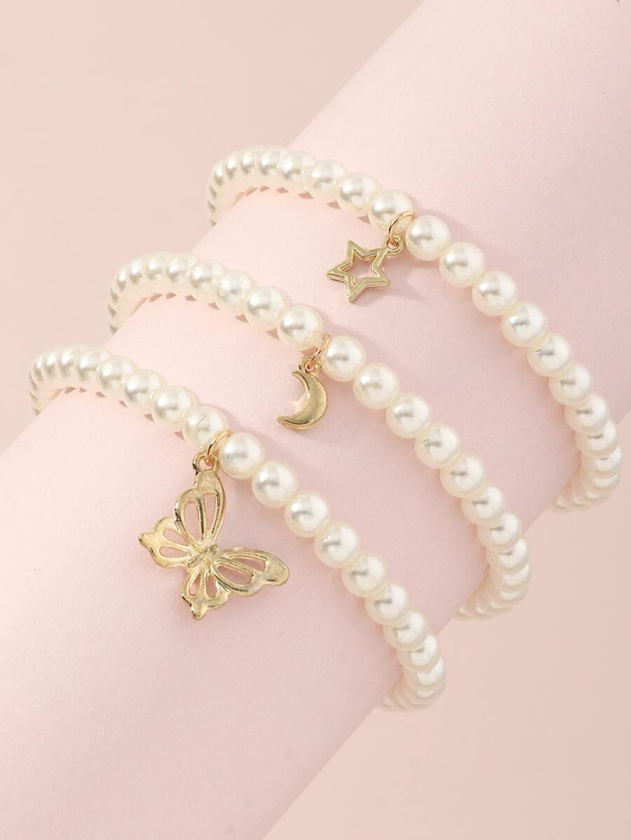 3pcs/Set Girls Moon Butterfly Star Pearl Bracelet - Yellow Gold - View 1