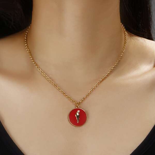 

Animal Engraved Round Charm Necklace, Red