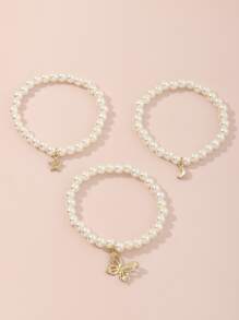 3pcs/Set Girls Moon Butterfly Star Pearl Bracelet - Yellow Gold - View 3