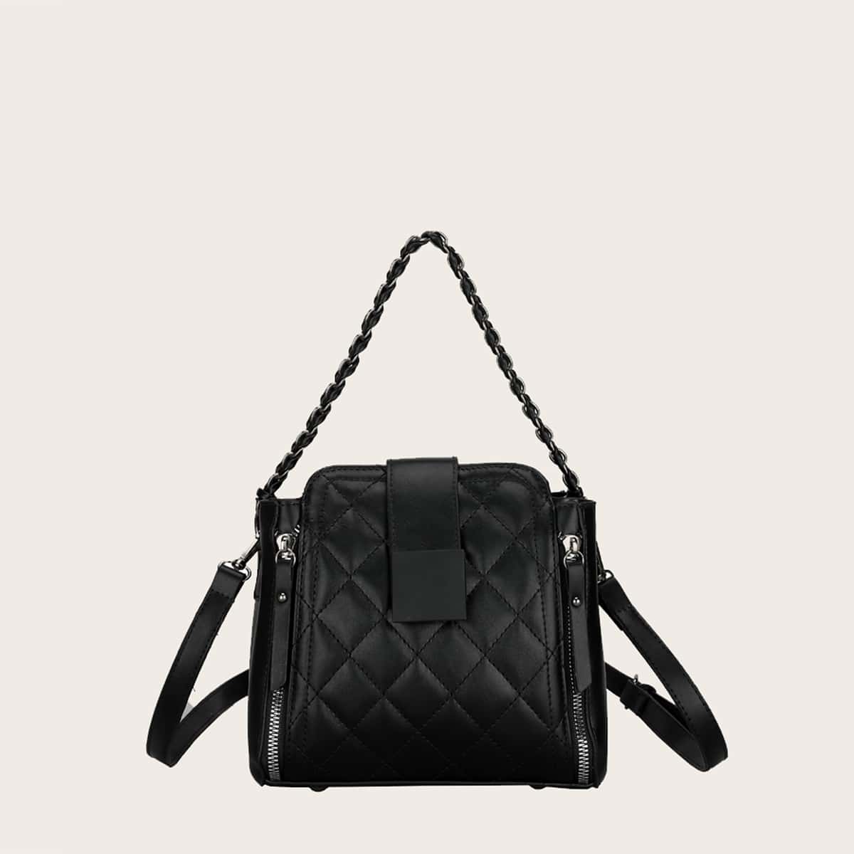 

Quilted Side Zip Satchel Bag, Black