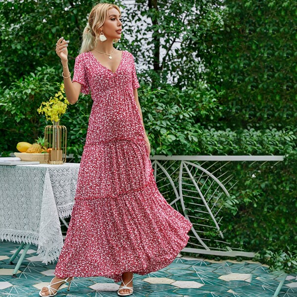 

Ditsy Floral Ruffle Hem Maxi Dress, Red