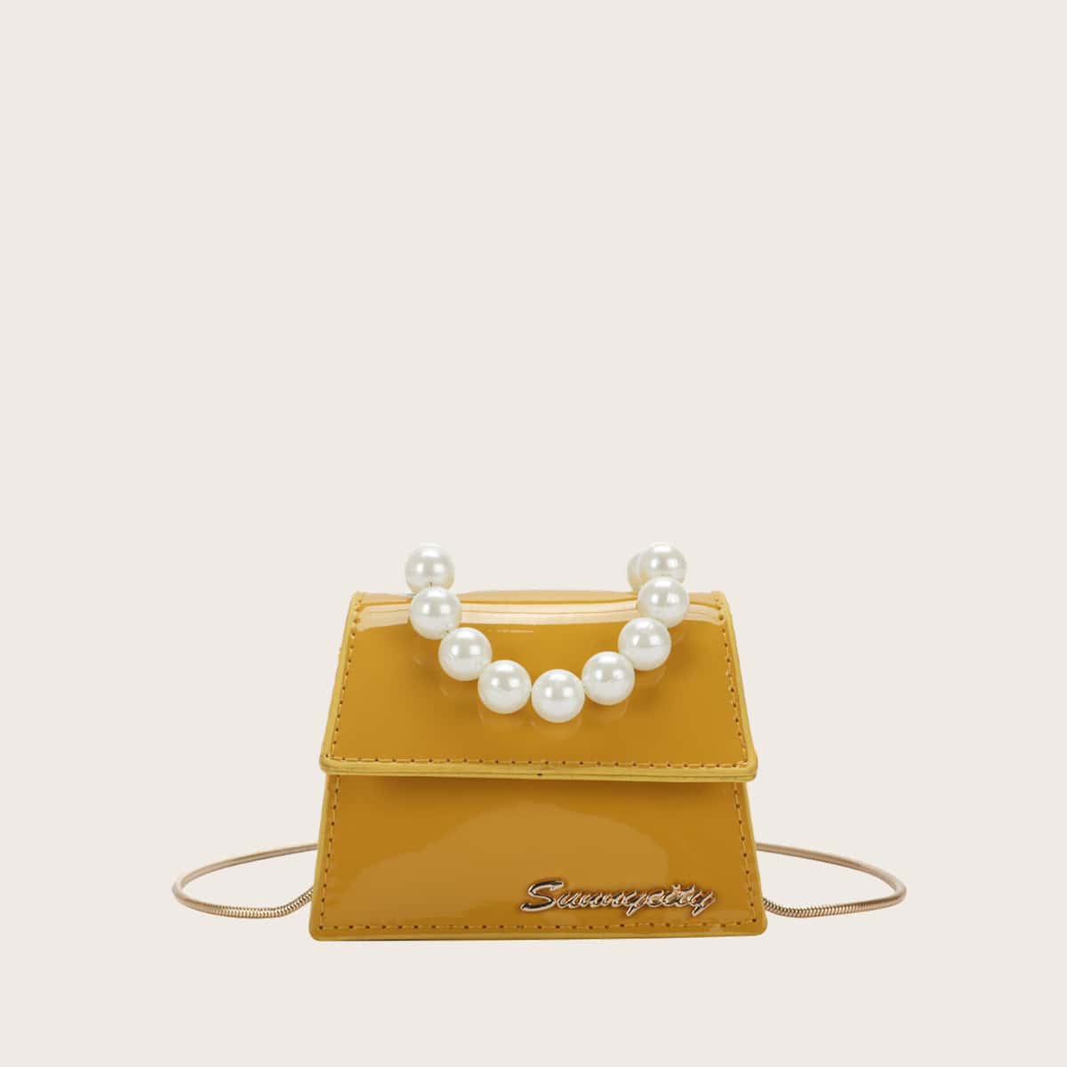 

Faux Pearl Handle Mini Satchel Bag, Yellow