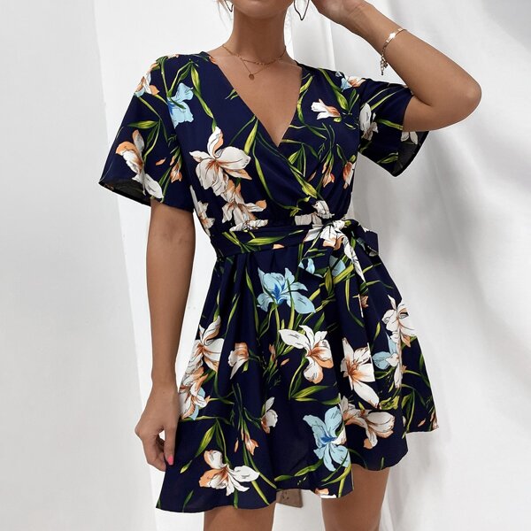 

Floral Belted A Line Dress, Royal blue