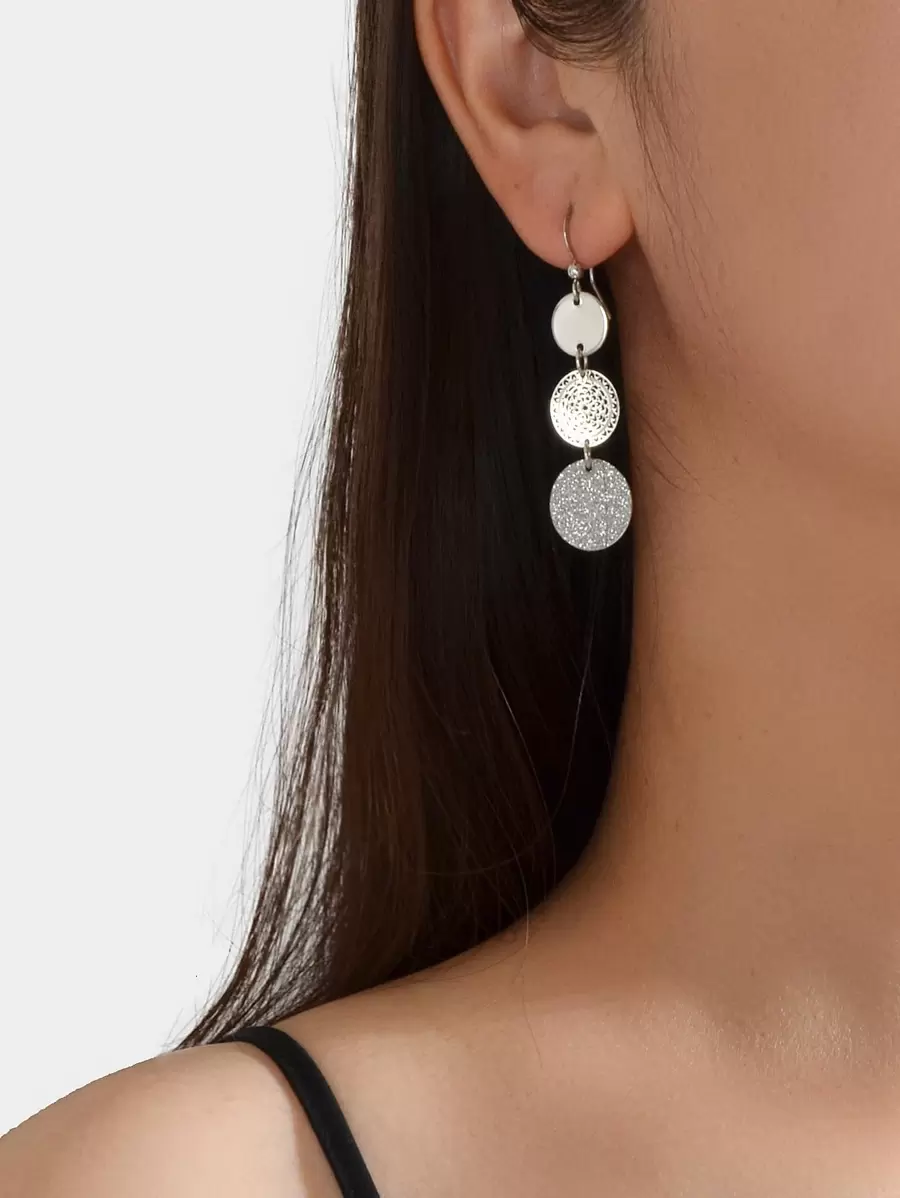 Round Decor Drop Earrings - Silver - View 1