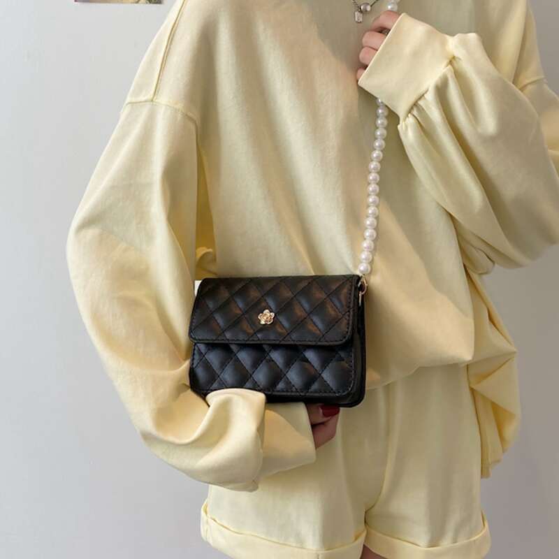 

Faux Pearl Strap Quilted Crossbody Bag, Black